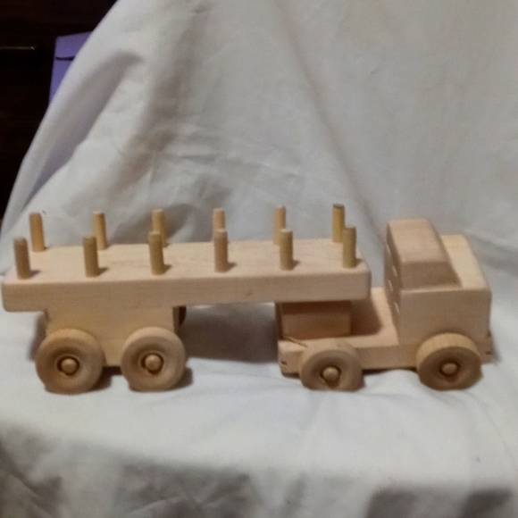 AVAILABLE-Handmade wooden Semi with trailer. 3.5" tall x 12" tall with trailer. - Picture 1 of 6